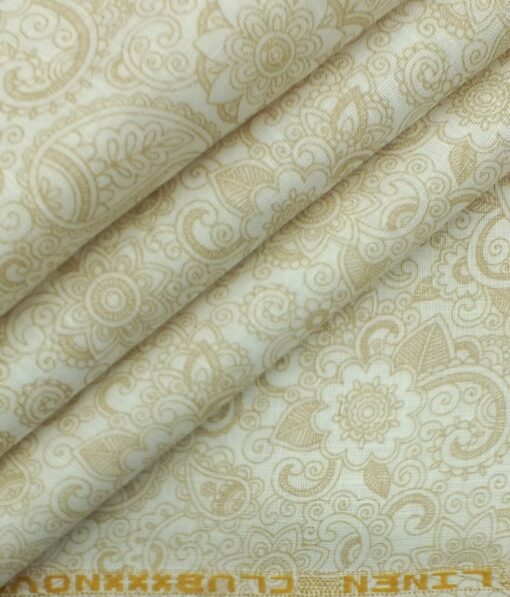Linen Club Off White & Brown 60 LEA 100% Pure Linen Printed Shirt Fabric
