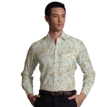 Linen Club Off White & Brown 60 LEA 100% Pure Linen Floral Printed Shirt Fabric