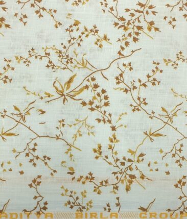 Linen Club Off White & Brown 60 LEA 100% Pure Linen Floral Printed Shirt Fabric