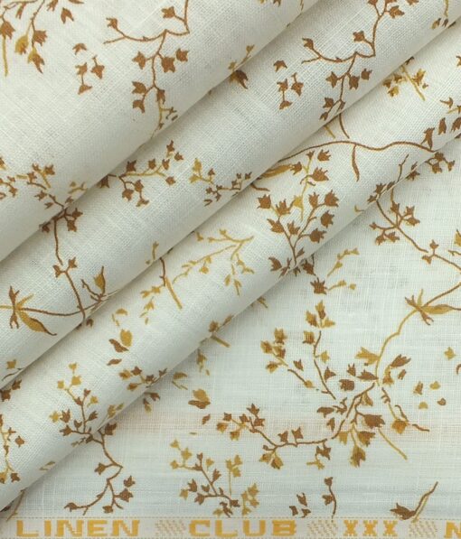 Linen Club Off White & Brown 60 LEA 100% Pure Linen Floral Printed Shirt Fabric