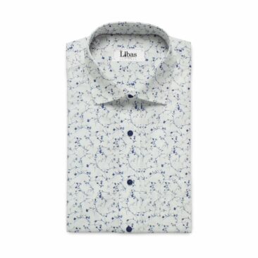 Linen Club White & Blue 60 LEA 100% Pure Linen Floral Printed Shirt Fabric