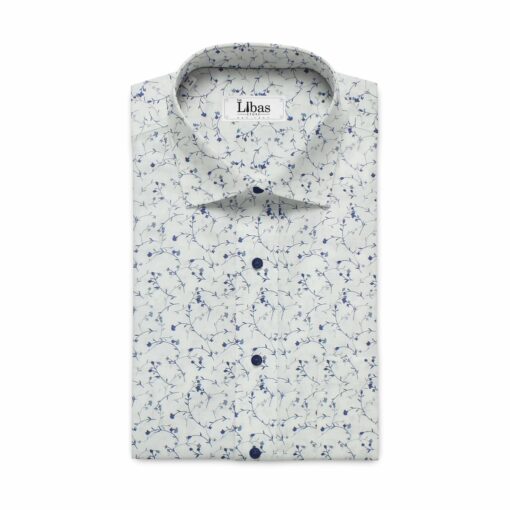 Linen Club White & Blue 60 LEA 100% Pure Linen Floral Printed Shirt Fabric