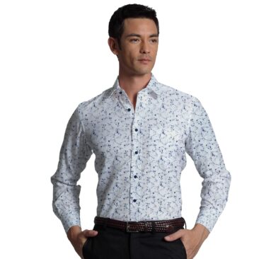 Linen Club White & Blue 60 LEA 100% Pure Linen Floral Printed Shirt Fabric