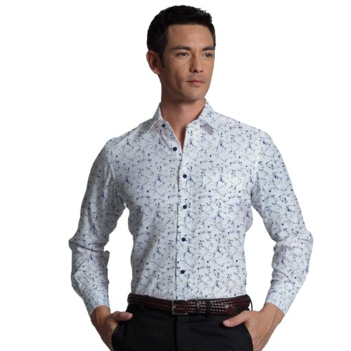 Linen Club White & Blue 60 LEA 100% Pure Linen Floral Printed Shirt Fabric