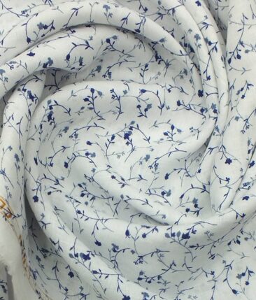 Linen Club White & Blue 60 LEA 100% Pure Linen Floral Printed Shirt Fabric