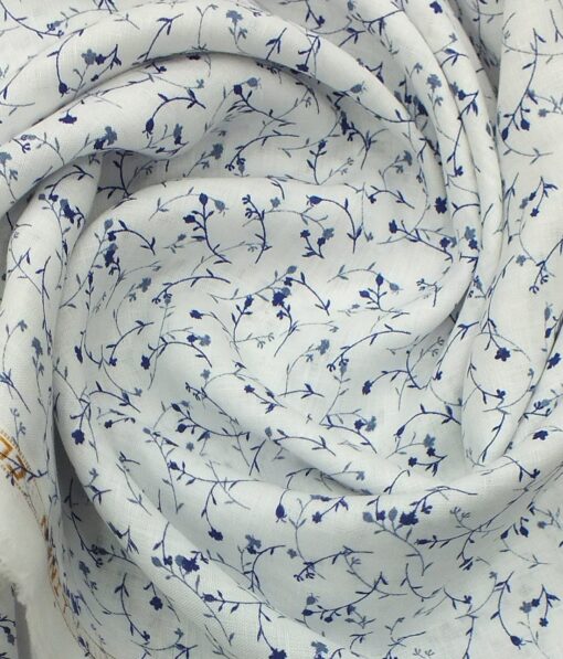 Linen Club White & Blue 60 LEA 100% Pure Linen Floral Printed Shirt Fabric