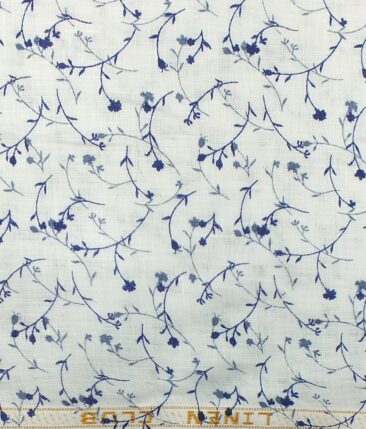 Linen Club White & Blue 60 LEA 100% Pure Linen Floral Printed Shirt Fabric