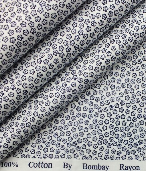 Bombay Rayon Men's White & Blue Floral Cotton Printed Shirt Fabric
