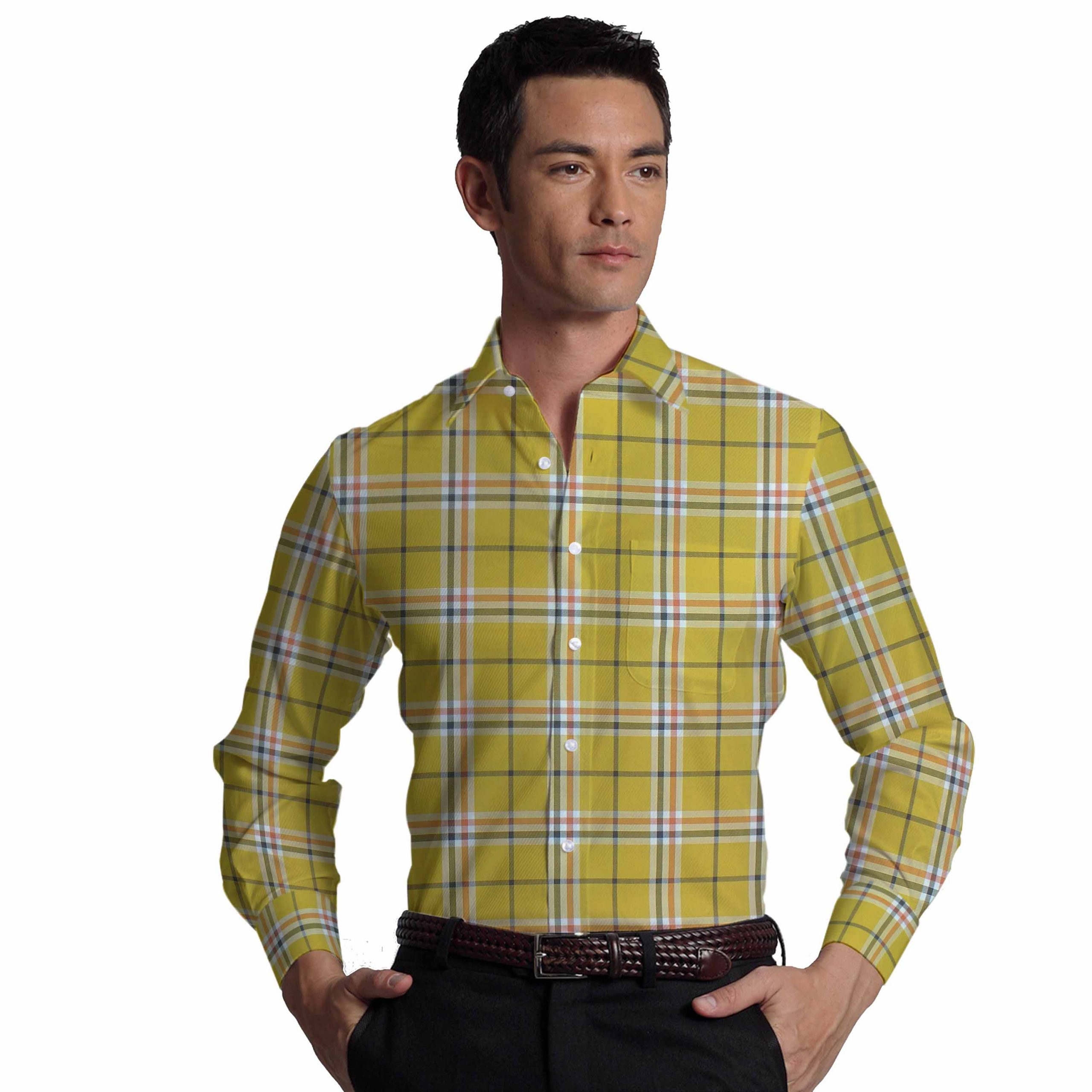 Cadini by Siyaram's Men's Canary Yellow Burberry Check Giza Cotton Shirt Fabric