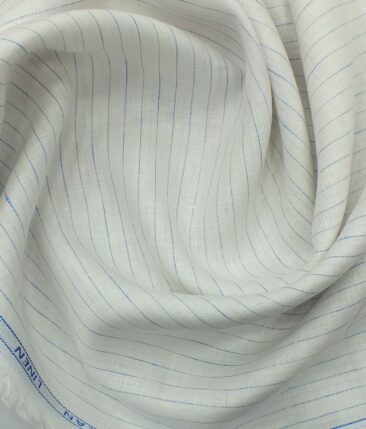 Cadini by Siyaram's White 60 LEA 100% Pure Linen Blue Striped Shirt Fabric