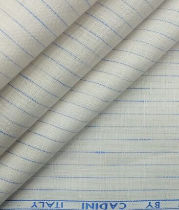 Cadini by Siyaram's White 60 LEA 100% Pure Linen Blue Striped Shirt Fabric