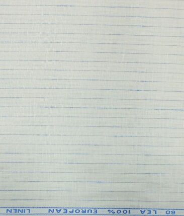 Cadini by Siyaram's White 60 LEA 100% Pure Linen Blue Striped Shirt Fabric
