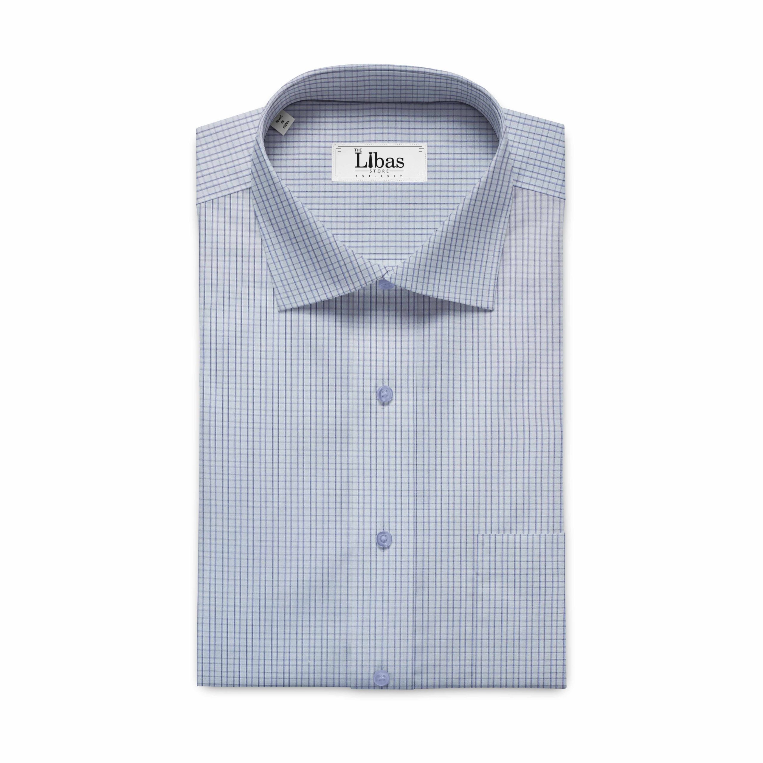 Soktas Men's White & Blue Giza Cotton Check Shirt Fabric