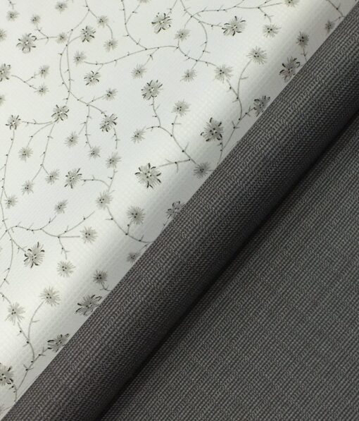 Raymond Medium Grey Self Design Structured Trouser Fabric With Exquisite White Floral Printed Shirt Fabric (Unstitched)