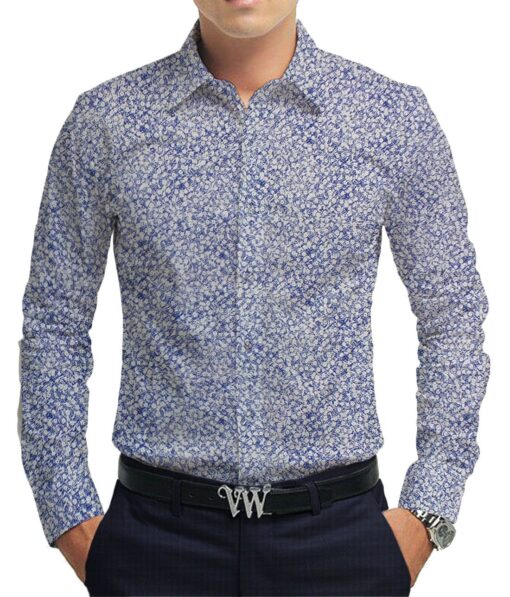 Raymond Dark Royal Blue Self Design Trouser Fabric With Bombay Rayon White Printed 100% Cotton Shirt Fabric (Unstitched)