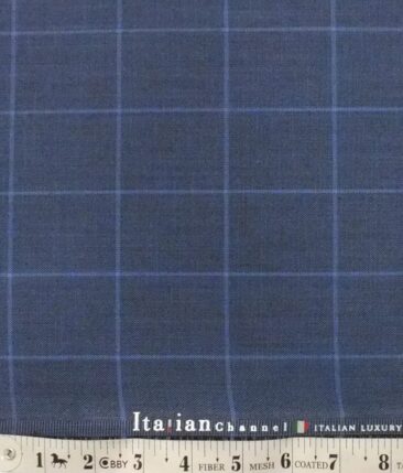 Italian Channel Aegan Blue Broad Checks Premium Party Wear Three Piece Unstitched Suit Length Fabric (Unstitched - 3.75 Mtr)