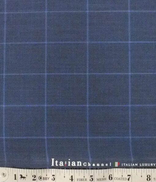 Italian Channel Aegan Blue Broad Checks Premium Party Wear Three Piece Unstitched Suit Length Fabric (Unstitched - 3.75 Mtr)