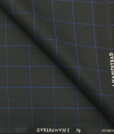 J.Hampstead by Siyaram's Men's Black base with Royal Blue Checks Poly Viscose Trouser Fabric (Unstitched - 1.25 Mtr)