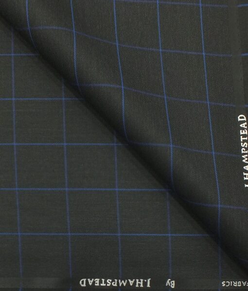 J.Hampstead by Siyaram's Men's Black base with Royal Blue Checks Poly Viscose Trouser Fabric (Unstitched - 1.25 Mtr)