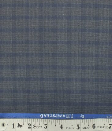 J.Hampstead by Siyaram's Men's Slate Blue Checks Poly Viscose Trouser Fabric (Unstitched - 1.25 Mtr)