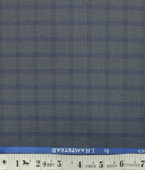 J.Hampstead by Siyaram's Men's Slate Blue Checks Poly Viscose Trouser Fabric (Unstitched - 1.25 Mtr)