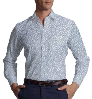 Raymond Dark Royal Blue Self Design Trouser Fabric With Bombay Rayon White Jaquard Printed 100% Cotton Shirt Fabric (Unstitched)