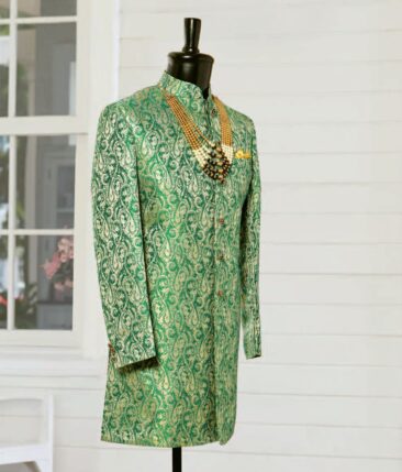Mark & Peanni Bright Green Jute Weave Damask Print Premium Bandh Gala or Blazer Fabric (Unstitched - 2 Mtr)