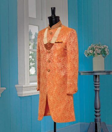 Mark & Peanni Bright Orange Jute Weave Damask Print Premium Bandh Gala or Blazer Fabric (Unstitched - 2 Mtr)