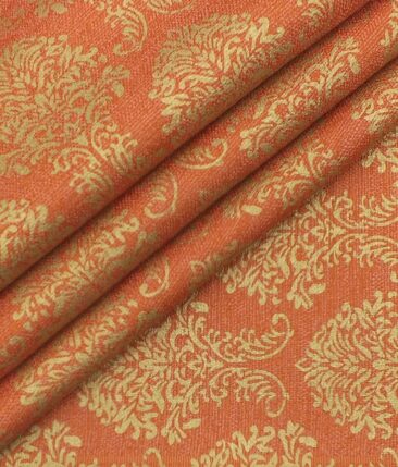 Mark & Peanni Bright Orange Jute Weave Damask Print Premium Bandh Gala or Blazer Fabric (Unstitched - 2 Mtr)