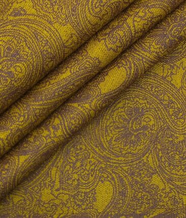 Mark & Peanni Mustard Yellow Jute Weave Damask Print Premium Bandh Gala or Blazer Fabric (Unstitched - 2 Mtr)