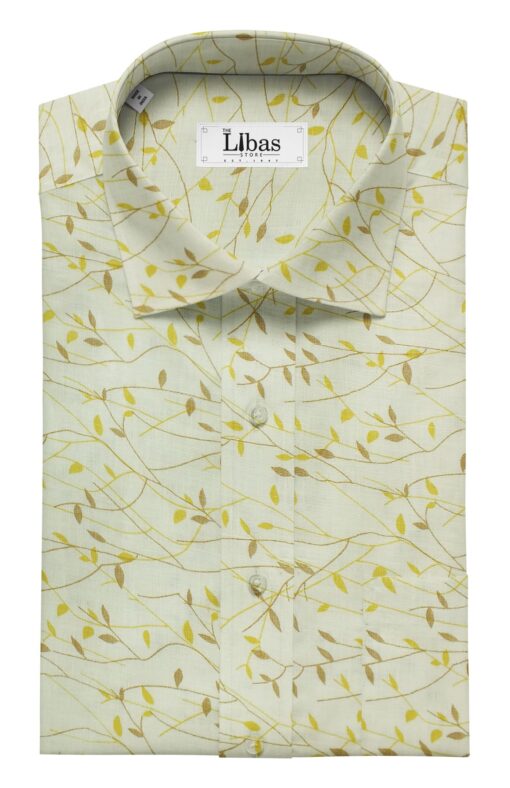 Linen Club Light Beige 100% Pure Linen 60 LEA Yellow & Brown Printed Shirt Fabric (1.60 M)