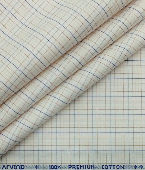Arvind Men's Cream 100% Premium Cotton Red & Blue Check Shirt Fabric (1.60 M)