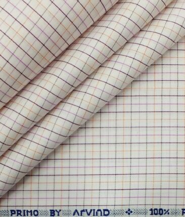 Arvind Men's Off White 100% Premium Cotton Dark Purple Check Shirt Fabric (1.60 M)