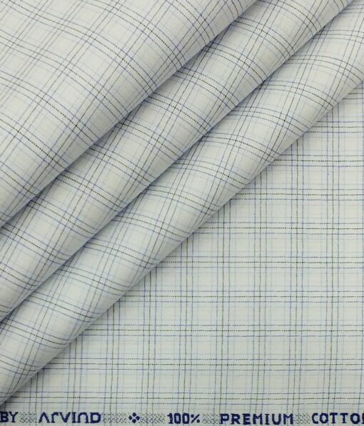Arvind Men's White 100% Premium Cotton Blue & Black Check Shirt Fabric (1.60 M)