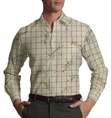 Raymond Dark Brown Checks Trouser Fabric With Exquisite Beige Khadi Look Printed Shirt Fabric (Unstitched)