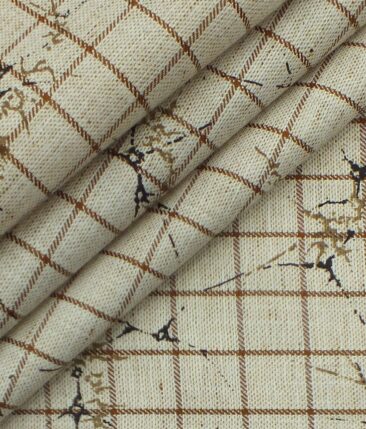 Raymond Dark Brown Checks Trouser Fabric With Exquisite Beige Khadi Look Printed Shirt Fabric (Unstitched)