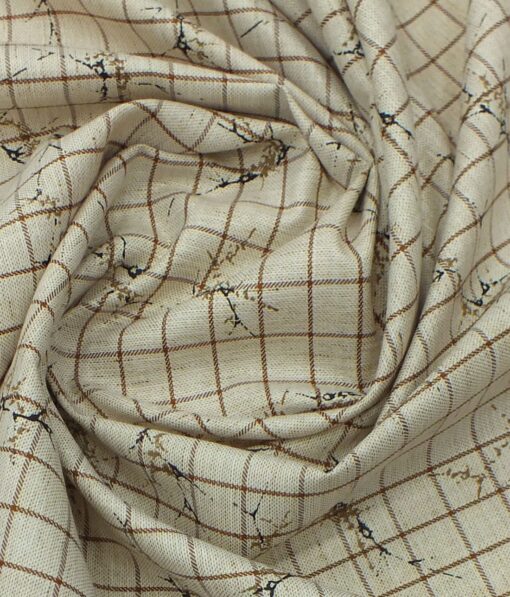 Raymond Dark Brown Checks Trouser Fabric With Exquisite Beige Khadi Look Printed Shirt Fabric (Unstitched)