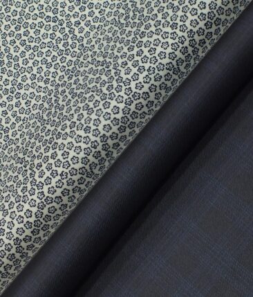 Raymond Dark Navy Blue Checks Trouser Fabric With Bombay Rayon White Floral Printed Shirt Fabric (Unstitched)
