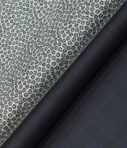 Raymond Dark Navy Blue Checks Trouser Fabric With Bombay Rayon White Floral Printed Shirt Fabric (Unstitched)