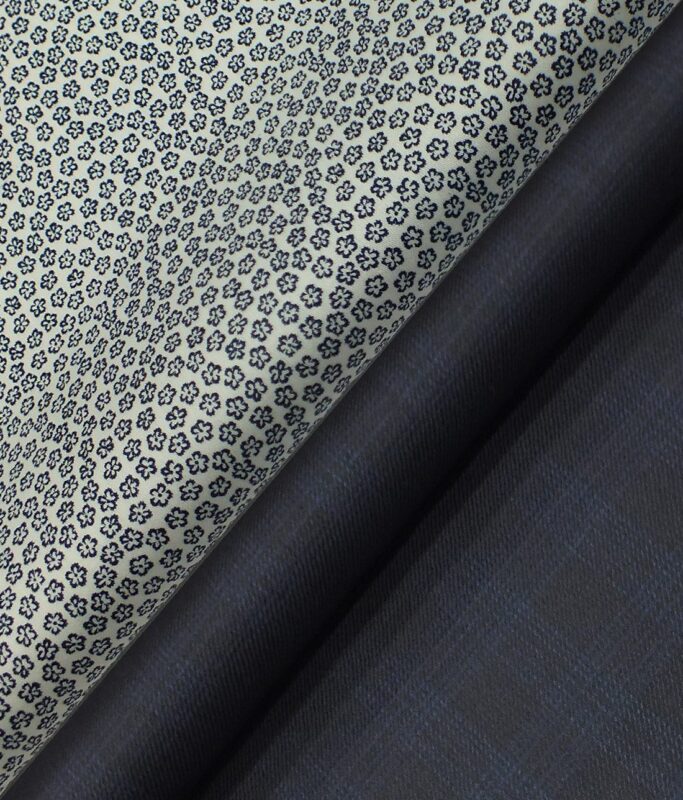 Raymond Dark Navy Blue Checks Trouser Fabric With Bombay Rayon White Floral Printed Shirt Fabric (Unstitched)