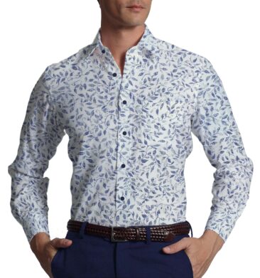 Raymond Royal Blue Structured Trouser Fabric With Bombay Rayon White base Blue Floral Print Shirt Fabric (Unstitched)
