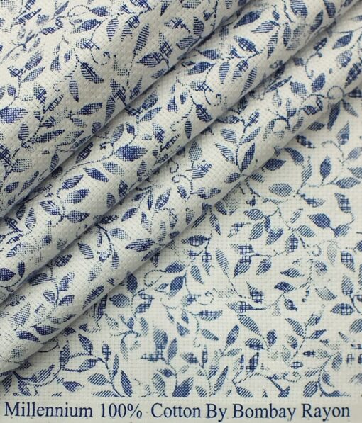 Raymond Royal Blue Structured Trouser Fabric With Bombay Rayon White base Blue Floral Print Shirt Fabric (Unstitched)