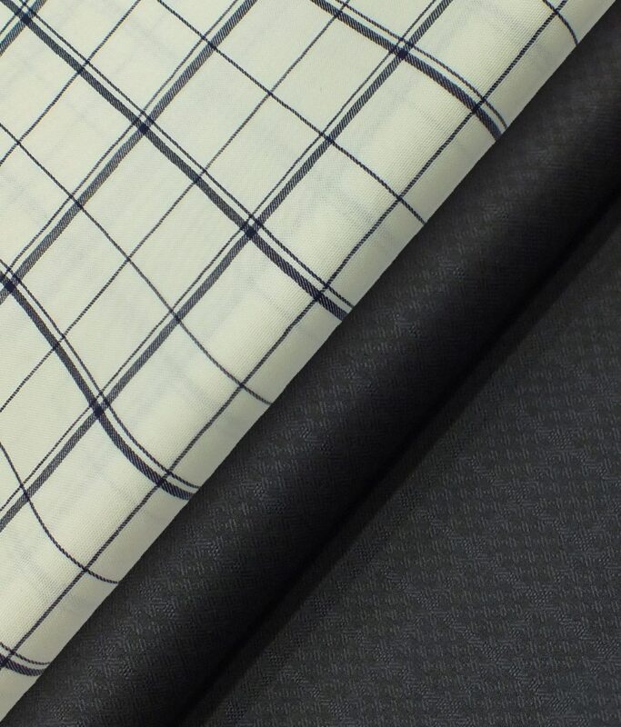 Raymond Blackish Navy Blue Structured Checks Trouser Fabric With Monza Cream base Blue Broad Checks Shirt Fabric (Unstitched)