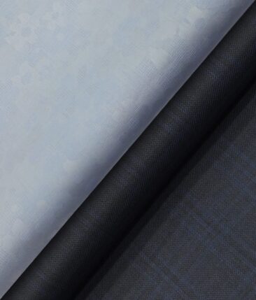 Raymond Dark Blue Checks Trouser Fabric With Nemesis Sky Blue Floral Jacquard Shirt Fabric (Unstitched)