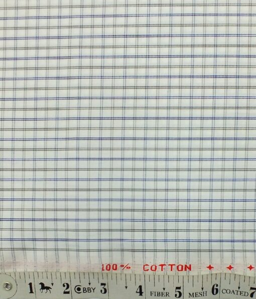 Mafatlal Men's White 100% Cotton Grey & Blue Check Shirt Fabric (1.60 M)