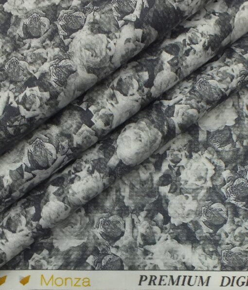 Monza Men's Light Grey 100% Premium Cotton Dark Grey Digital Print Shirt Fabric (1.60 M)