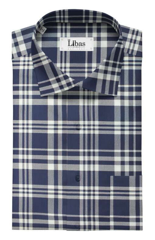 Monza Men's Dark Royal Blue 100% Superfine Cotton White Broad Checks Shirt Fabric (1.60 M)