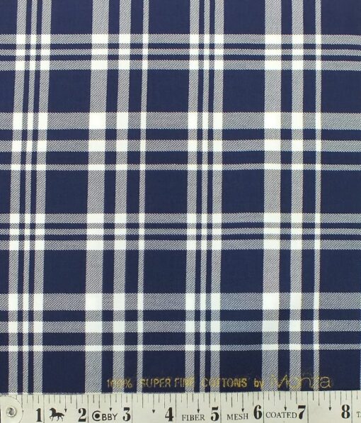 Monza Men's Dark Royal Blue 100% Superfine Cotton White Broad Checks Shirt Fabric (1.60 M)