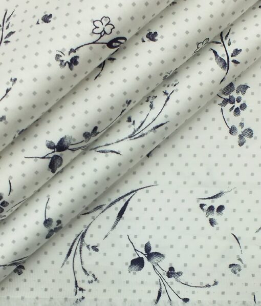 Nemesis Men's White 100% Egyptian Giza Cotton Grey & Blue Printed Shirt Fabric (1.60 M)