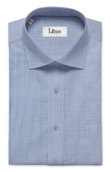 Soktas Men's Sky Blue 100% Giza Cotton Dark Blue Checks Shirt Fabric (1.60 M)